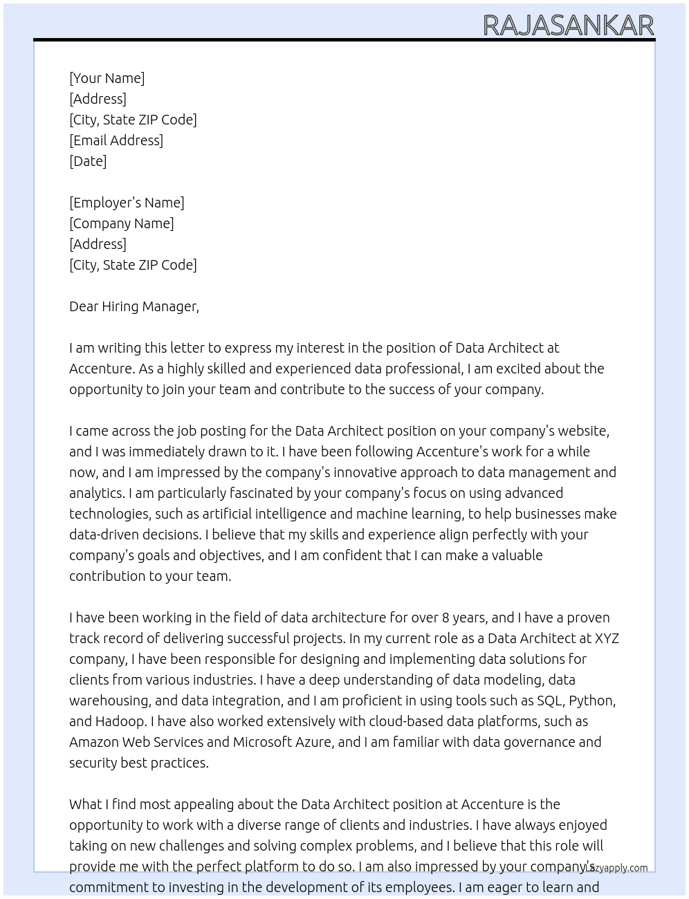 Data Architect At Accenture Cover Letter