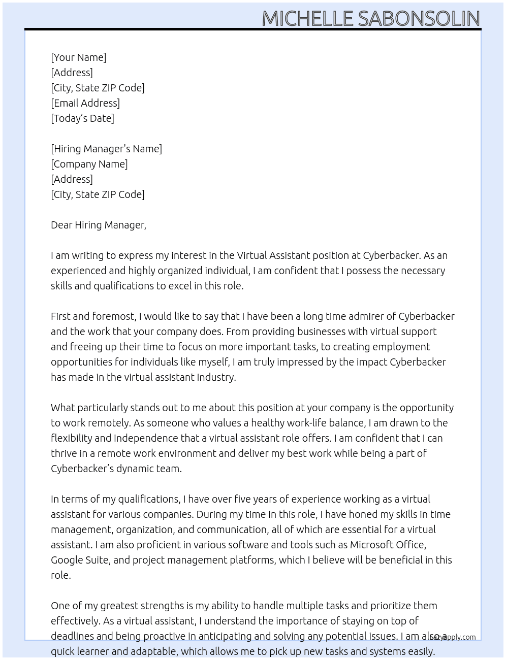 Virtual Assistant At Cyberbacker Cover Letter
