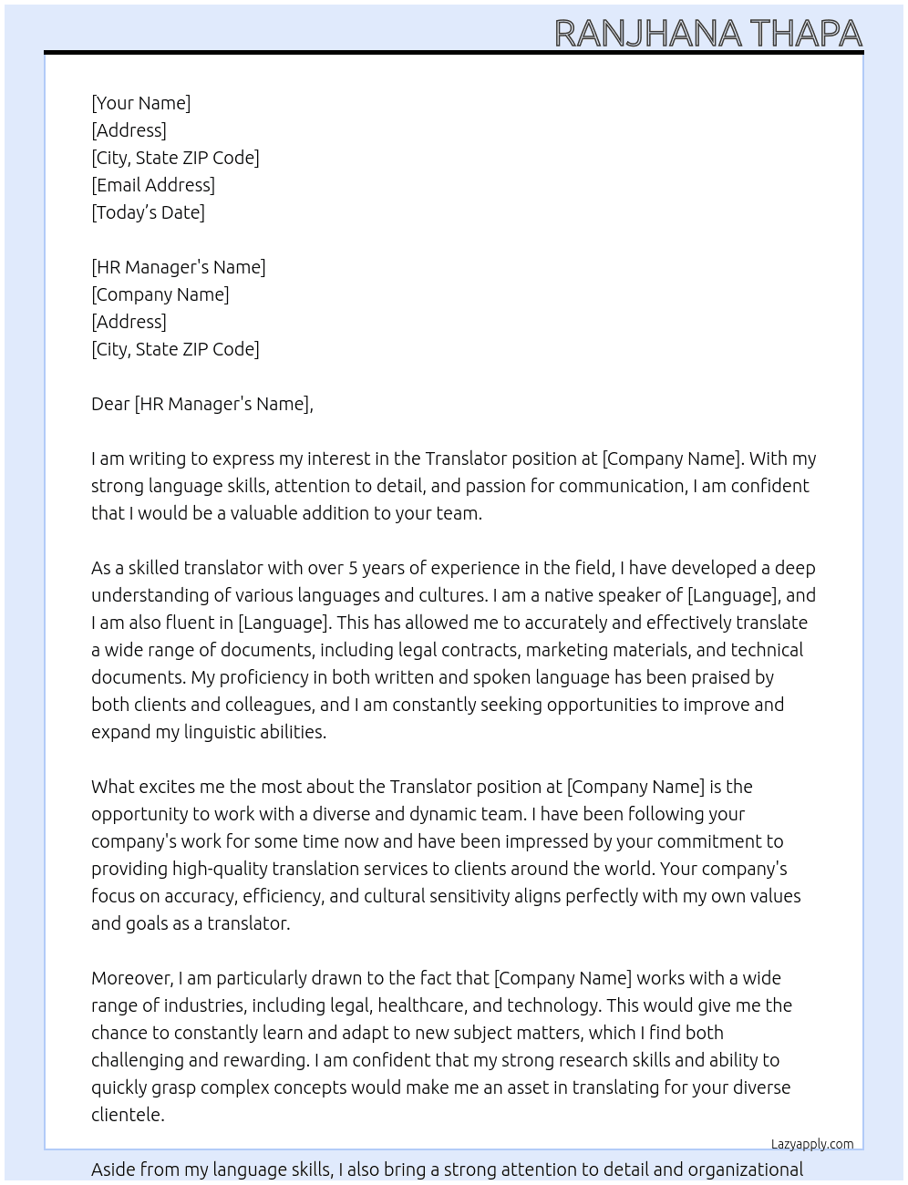 translator At xyz Cover Letter