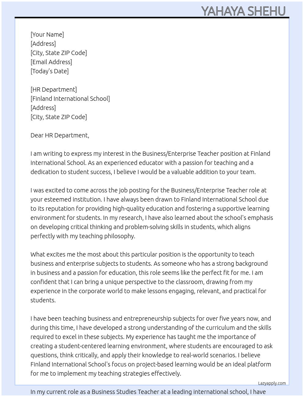 Business/Enterprise Teacher  At Finland International School  Cover Letter