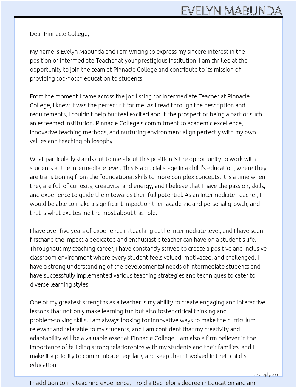 Intermediate Teacher At Pinnacle College Cover Letter