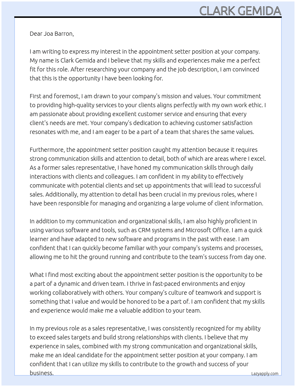 appointment setter At appointment setter Cover Letter