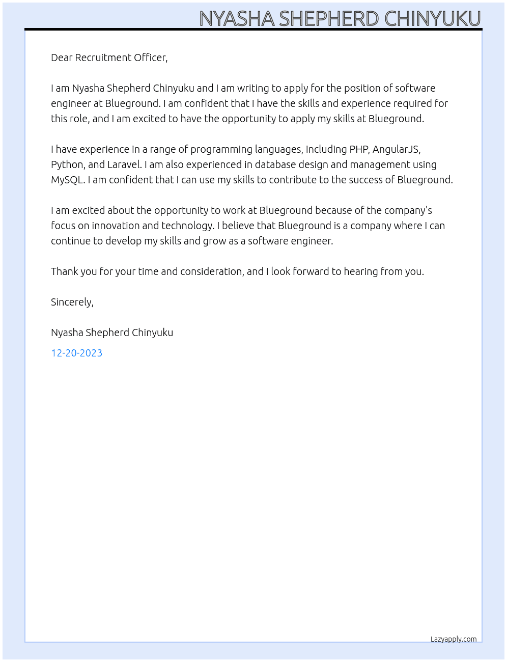 software engineer At Blueground Cover Letter
