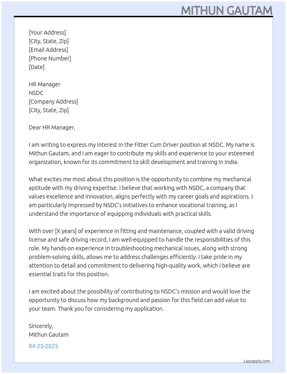 Fitter Cum Driver At NSDC Cover Letter
