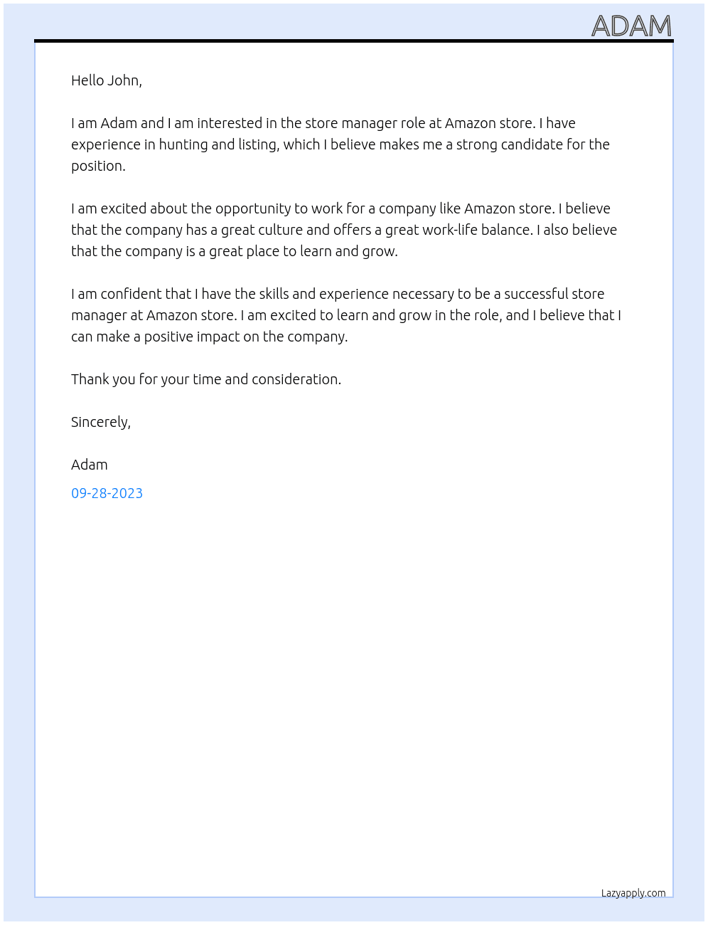 Manager at online Amazon store  At Amazon store  Cover Letter