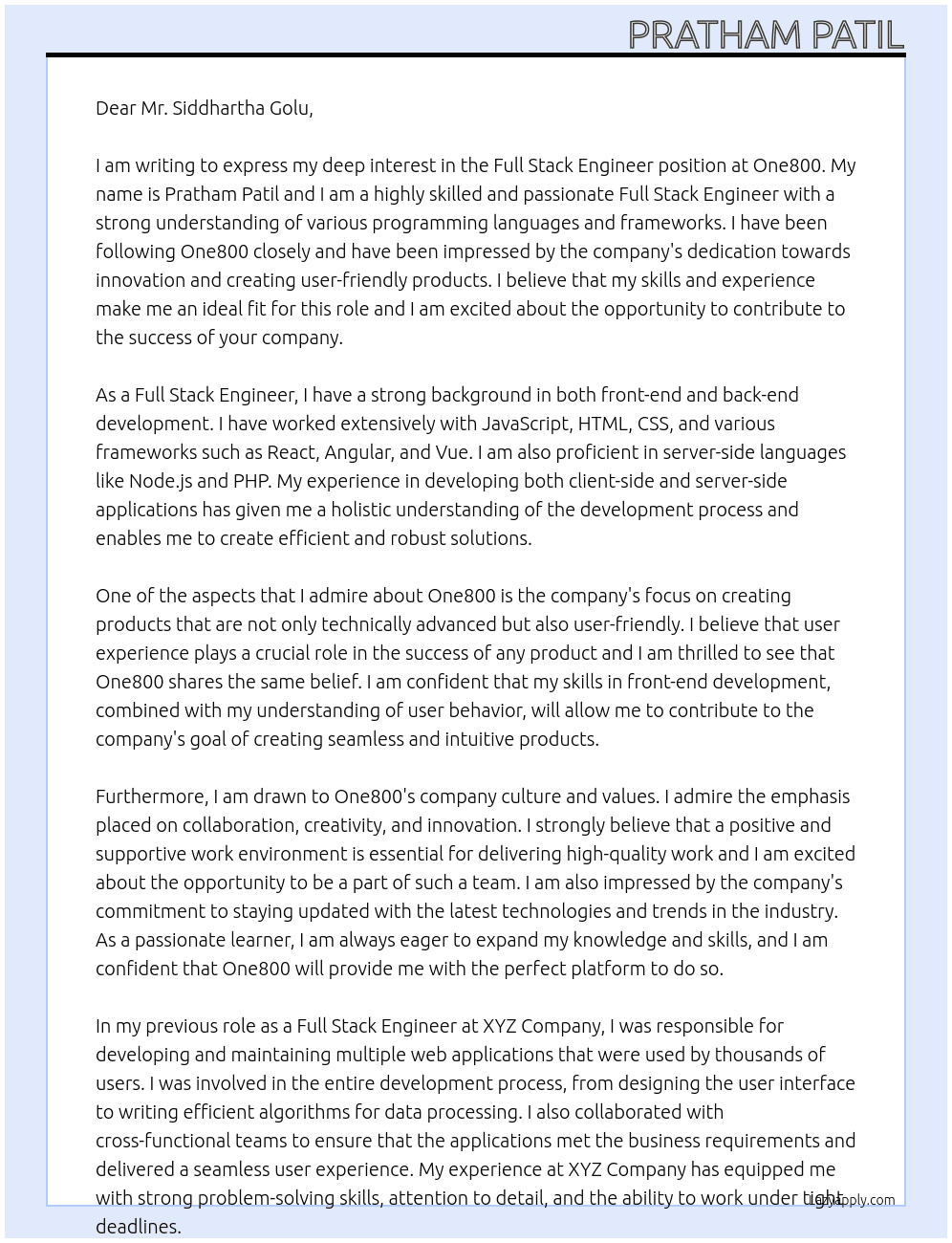 Full Stack Engineer At One800 Cover Letter