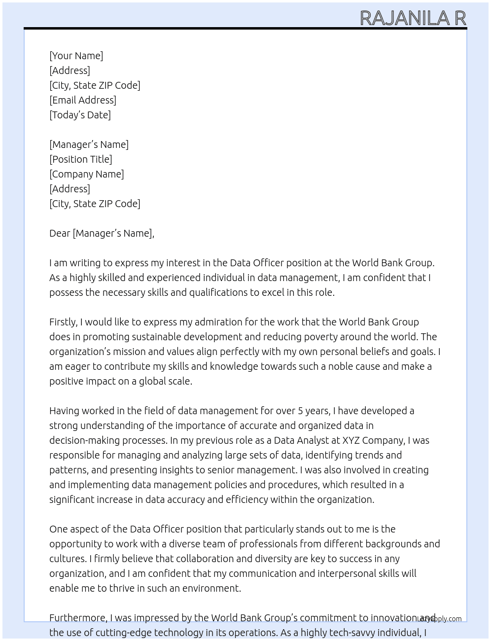 Data officer At World bank group Cover Letter
