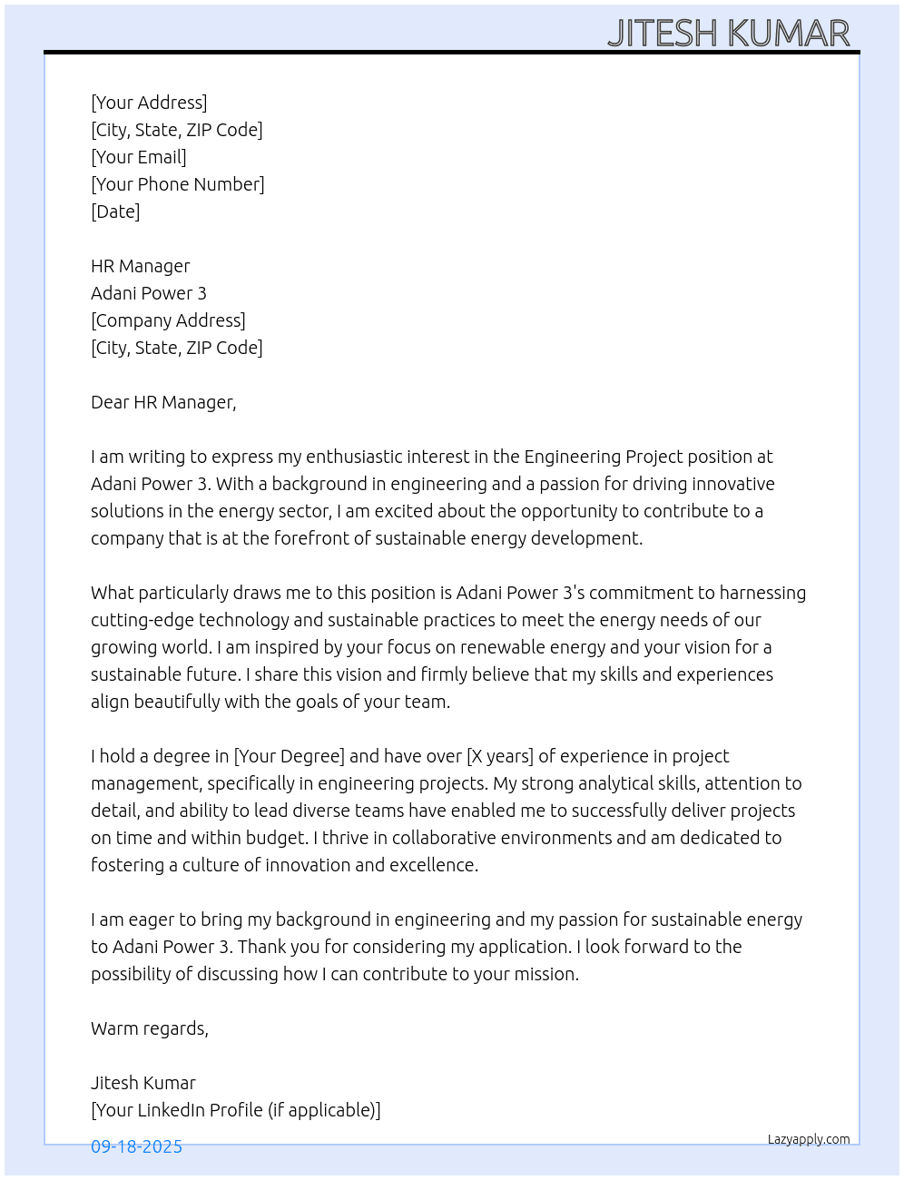 Engineering  project  At Adani power 3 Cover Letter