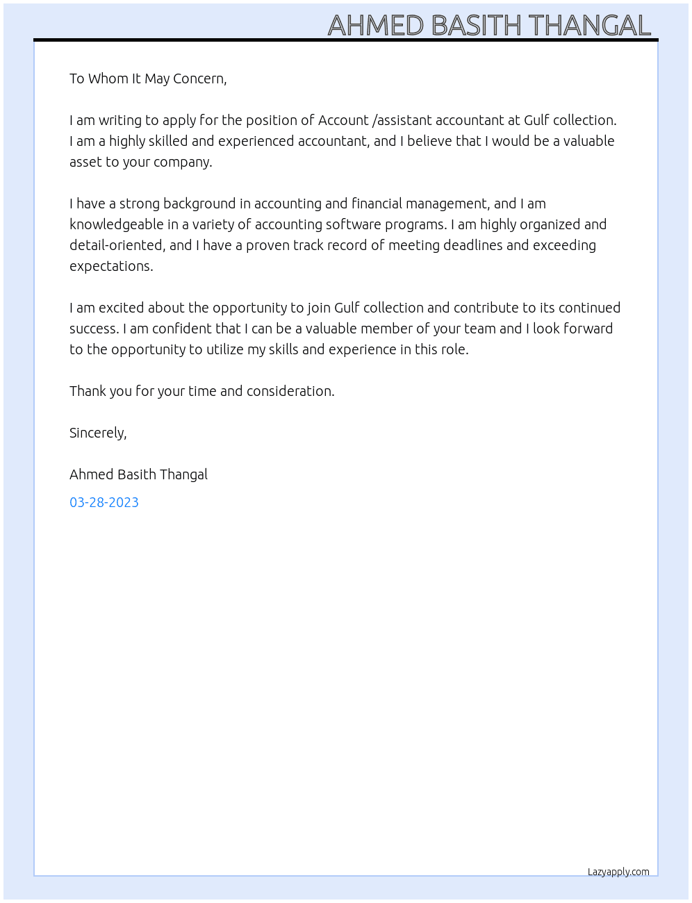 Account /assistant accountant  At Gulf collection  Cover Letter