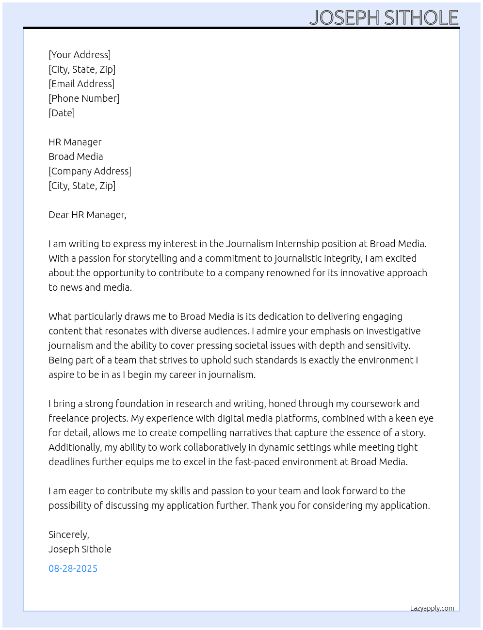 Journalism Internship At Broad Media Cover Letter
