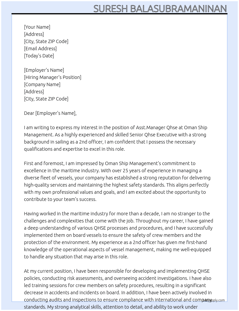 Asst.Manager Qhse At Oman ship management Cover Letter