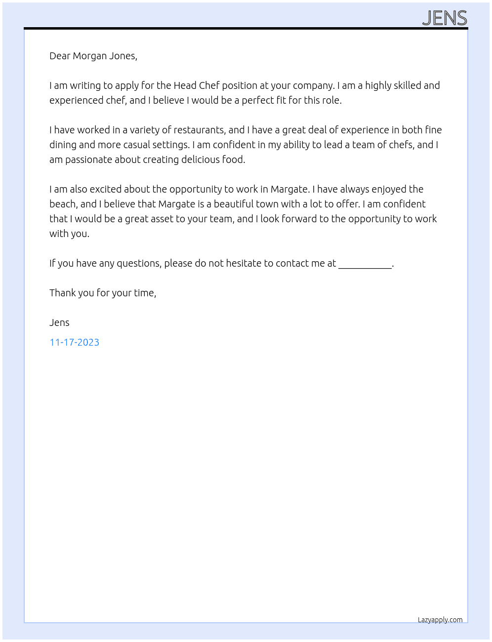 Head Chef At Morgan Jones Cover Letter