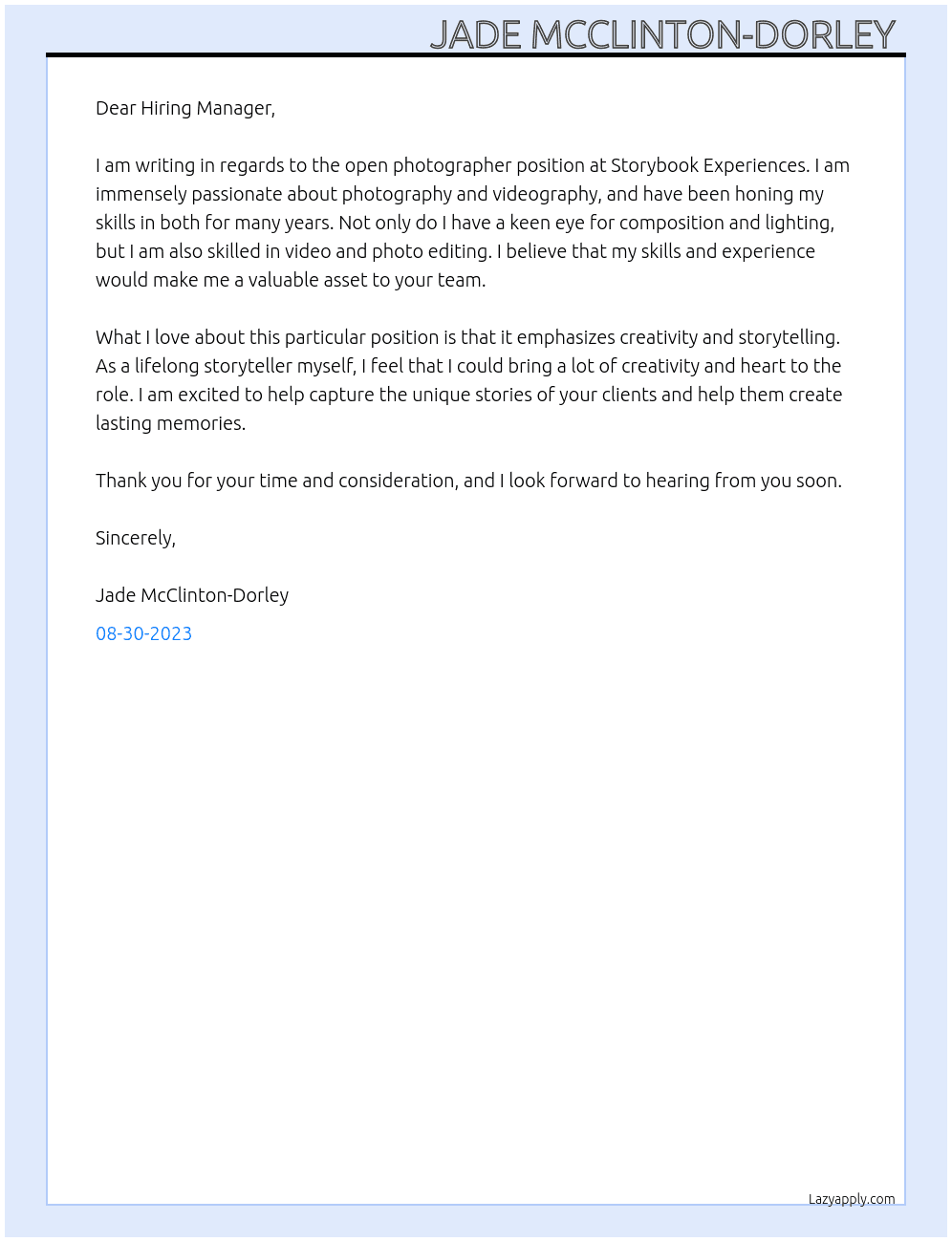 Photographer At Storybook Experiences Cover Letter