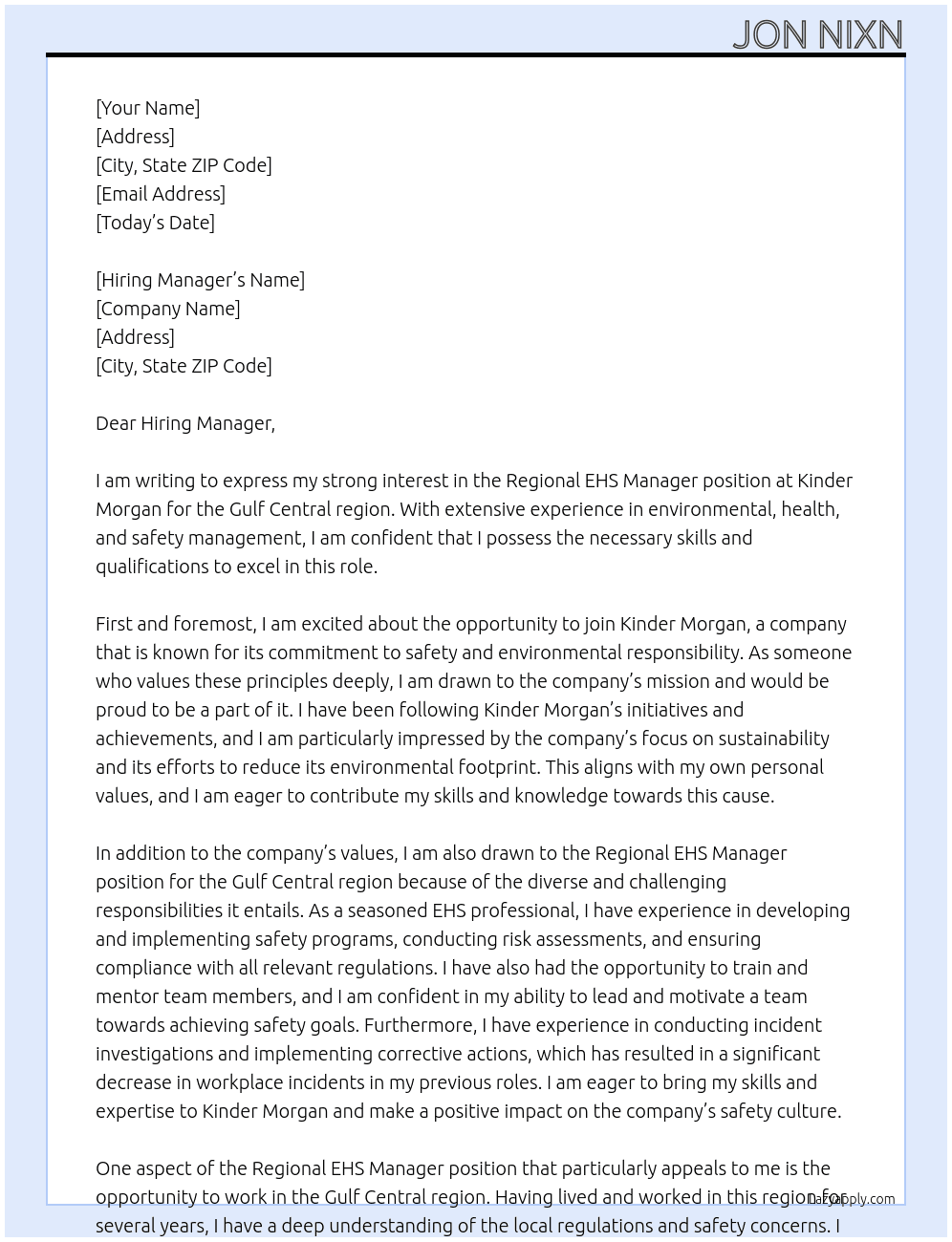 Regional EHS Manager - Gulf Central Region At Kinder Morgan Cover Letter