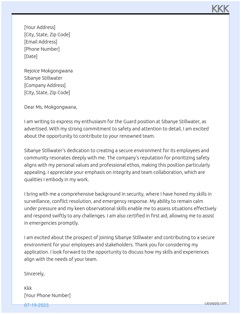 Guard At sibanye stillwater Cover Letter