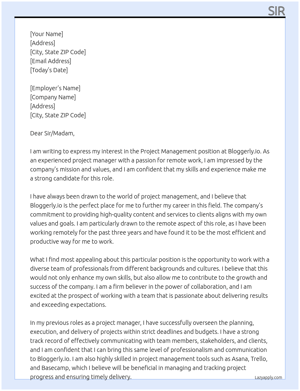 Project management  At Bloggerly.io Cover Letter