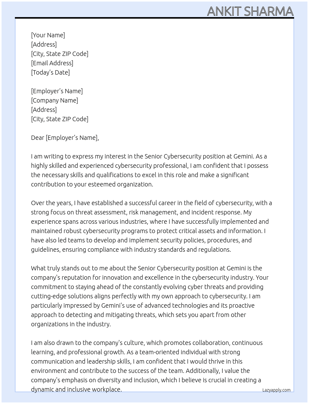 Senior Cybersecurity  At Gemini Cover Letter