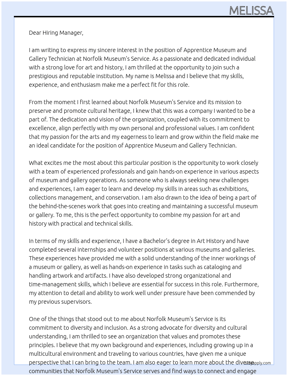 apprentice museum and gallery technician At Norfolk Museum's Service Cover Letter