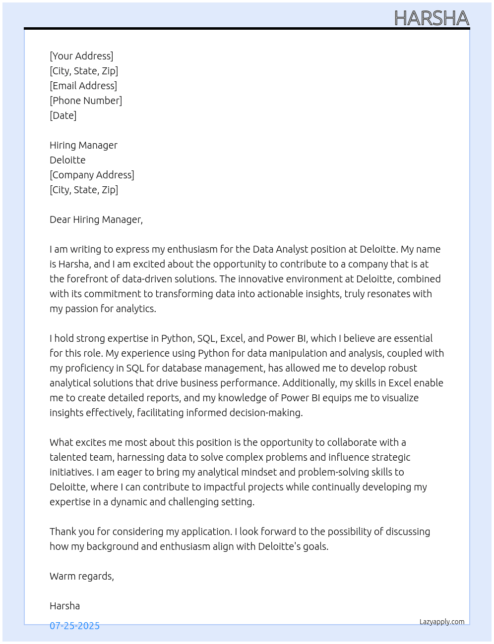 Data analyst At Deloitte Cover Letter