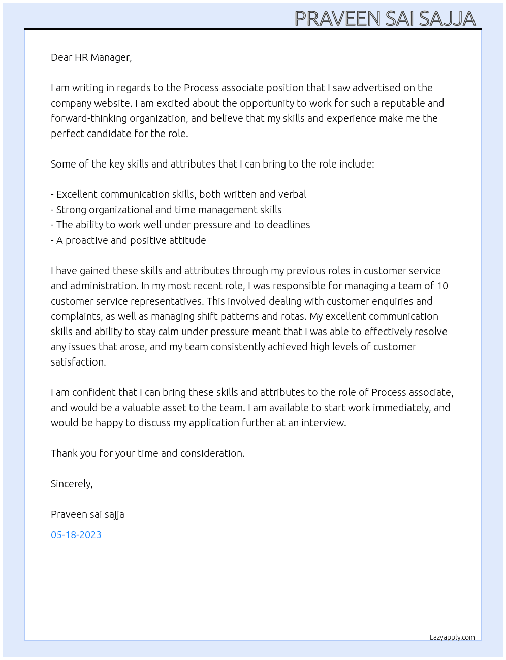 Process associate  At Process associate  Cover Letter