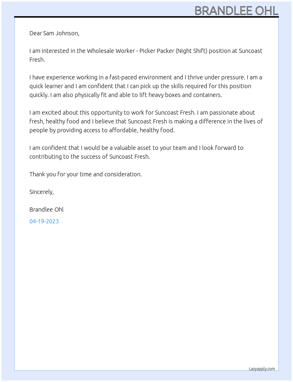Wholesale Worker - Picker Packer (Night Shift) At  Green Endeavour/Suncoast Fresh Cover Letter