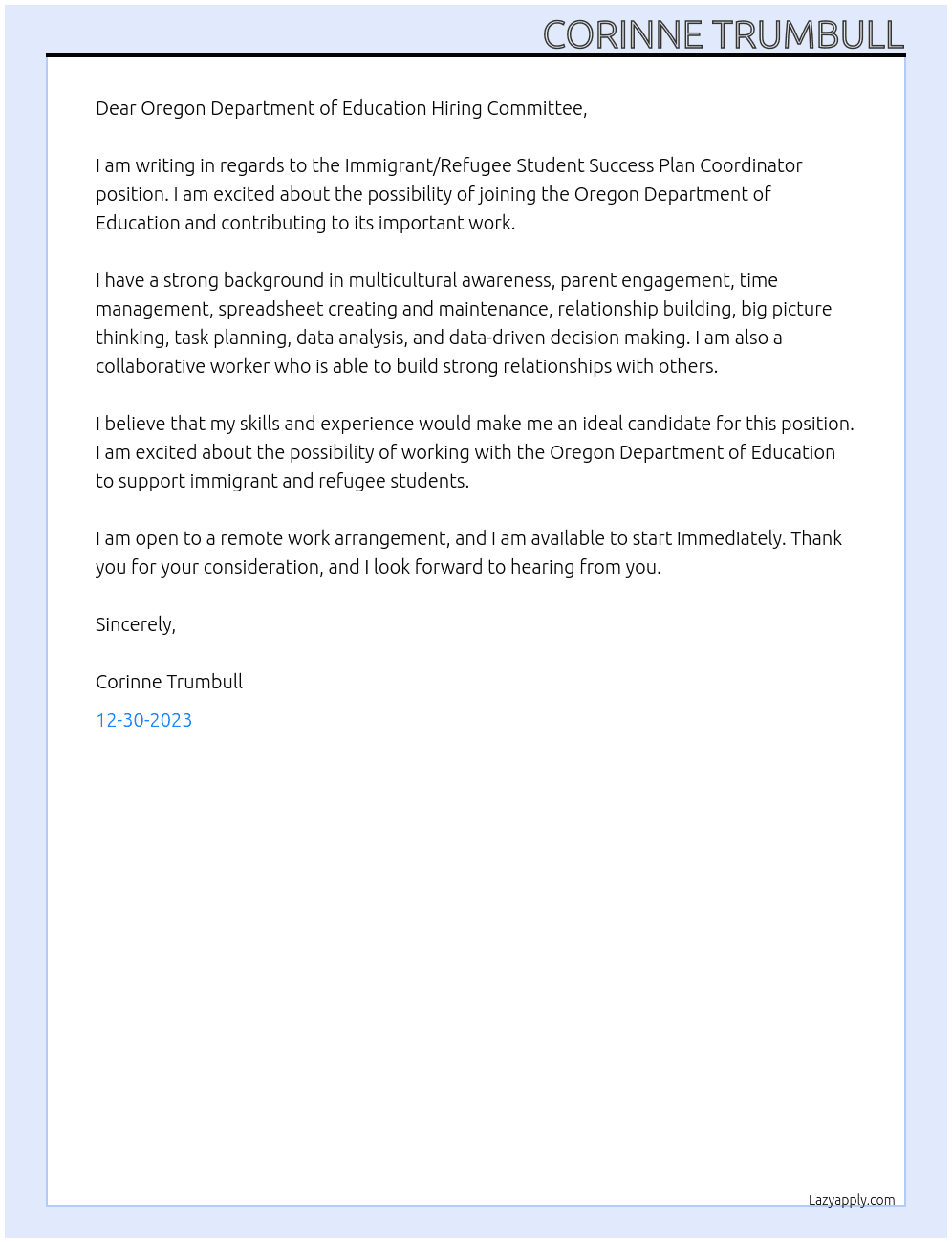 Immigrant/Refugee Student Success Plan Coordinator At Oregon Department of Education Cover Letter