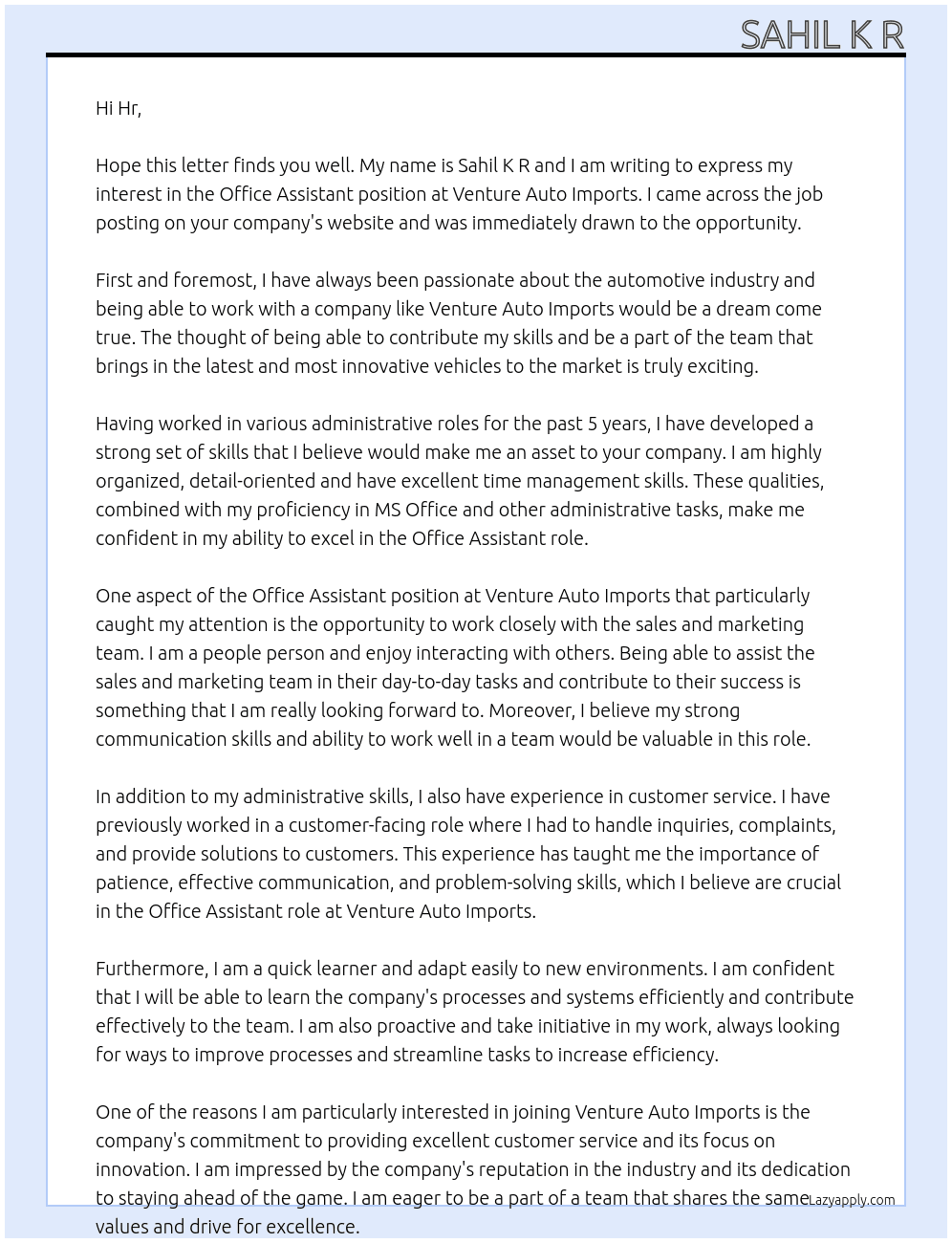 Office assistent  At Venture auto imports Cover Letter