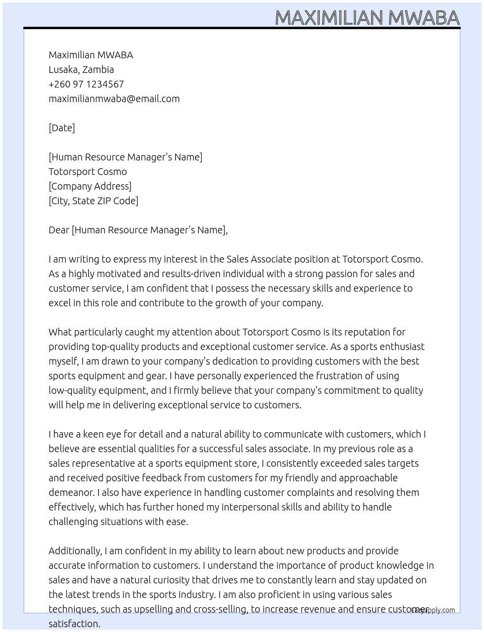 Sales Associate At Totorsport Cosmo  Cover Letter