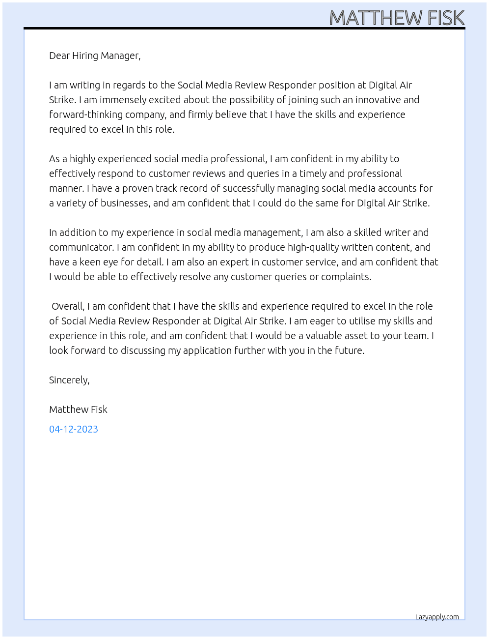 Social Media Review Responder At Digital Air Strike Cover Letter
