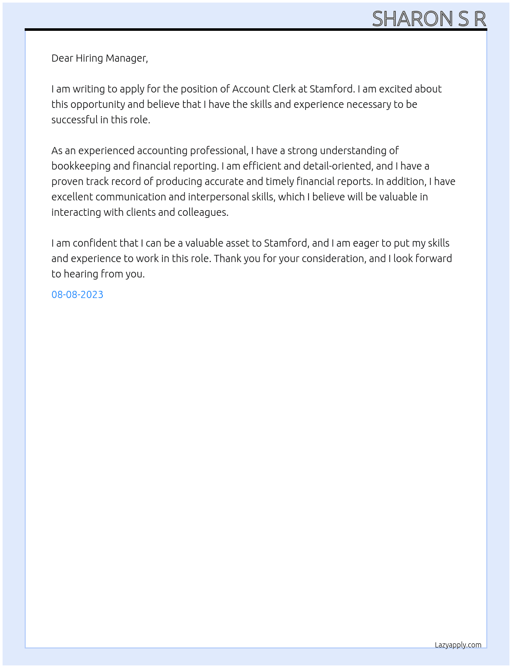 Account Clerk At Stamford Cover Letter