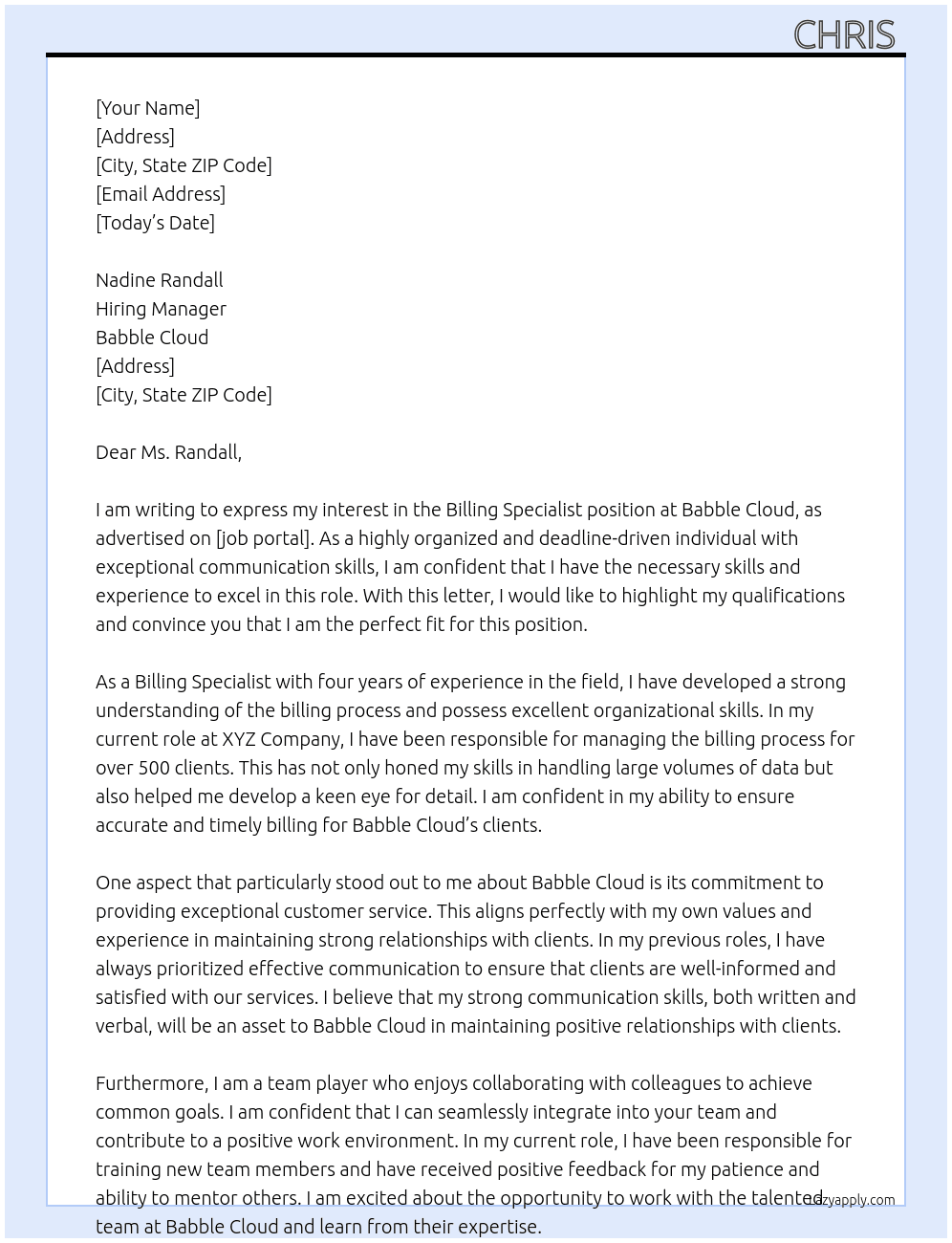 Billing Specialist  At Babble Cloud  Cover Letter