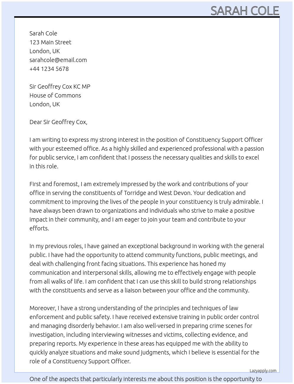 Constituency Support Officer At Sir Geoffrey Cox KC MP Cover Letter