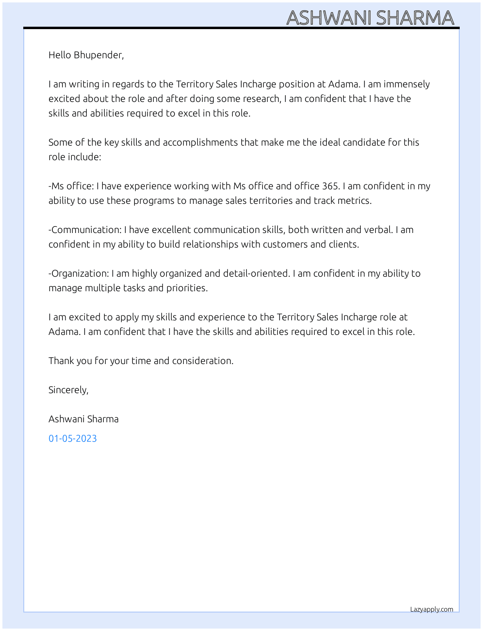 Cover letter for territory sales incharge - LazyApply