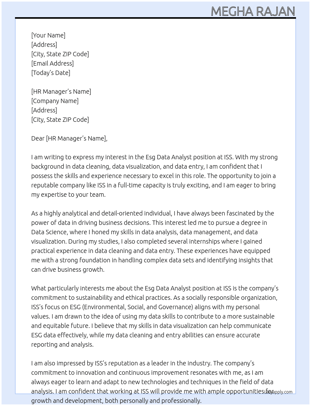 Esg Data Analyst  At ISS Cover Letter
