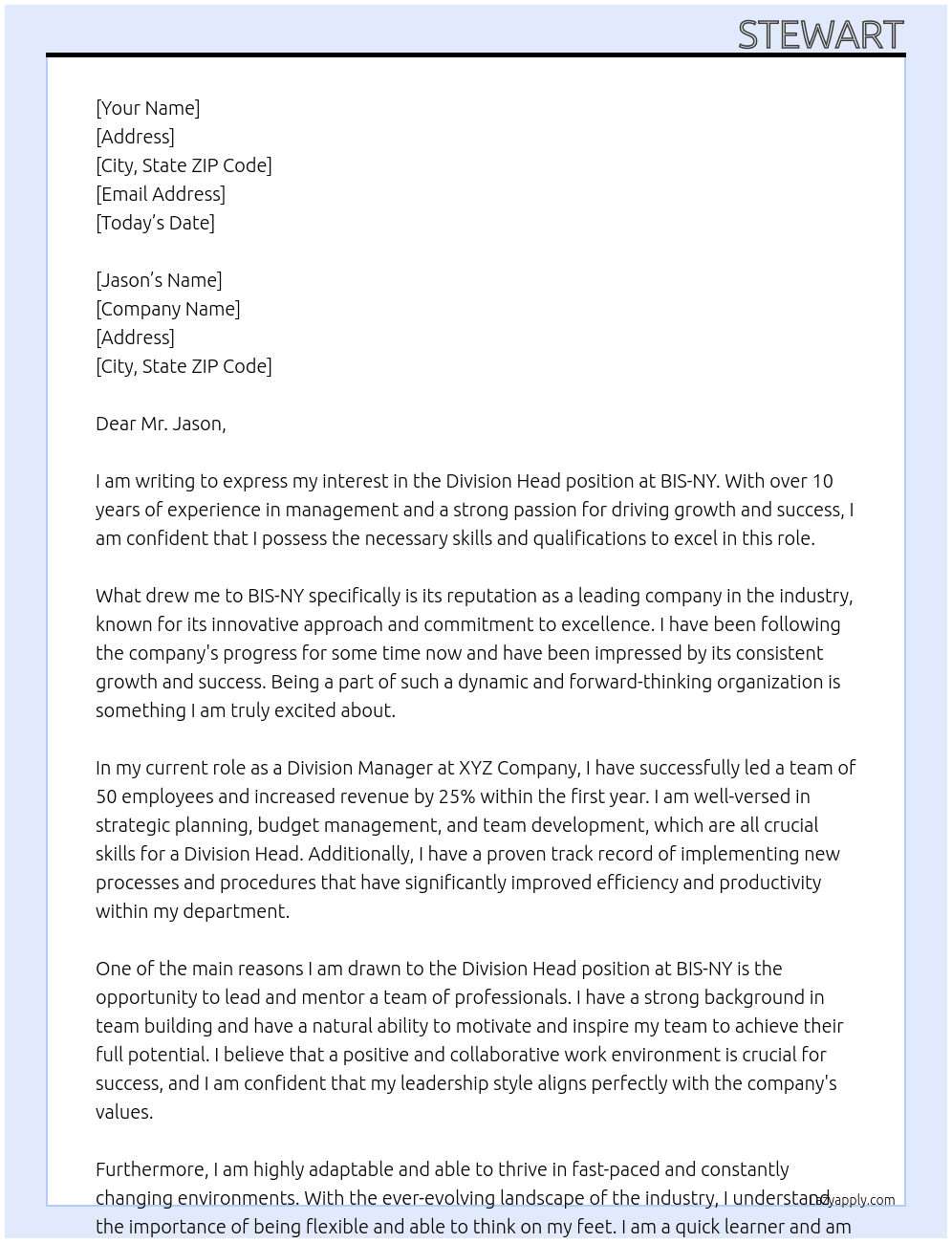 Division head At BIS-NY Cover Letter