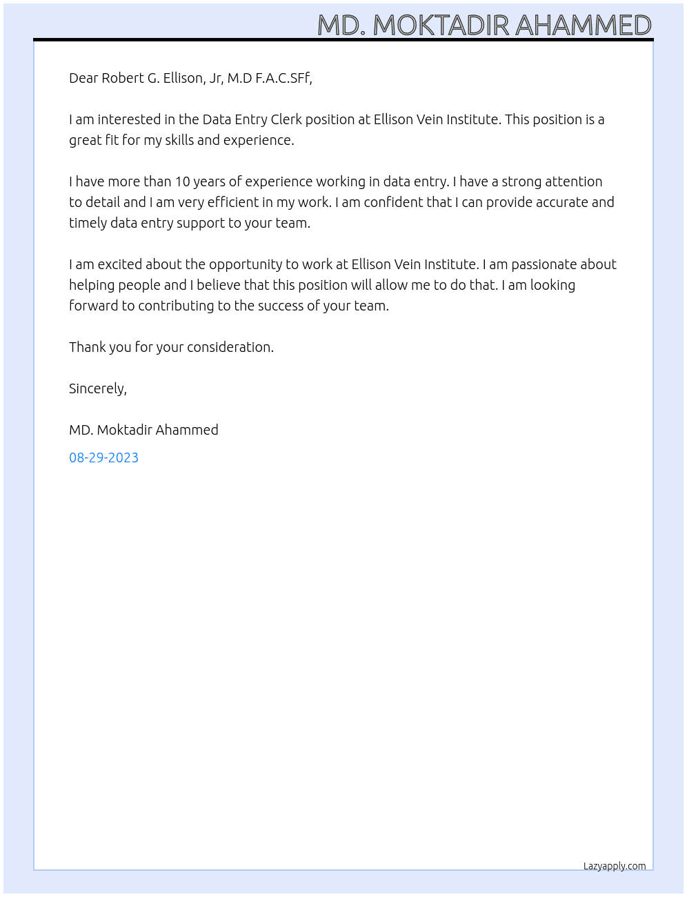 Data Entry Clerk At Ellison Vein Institute Cover Letter