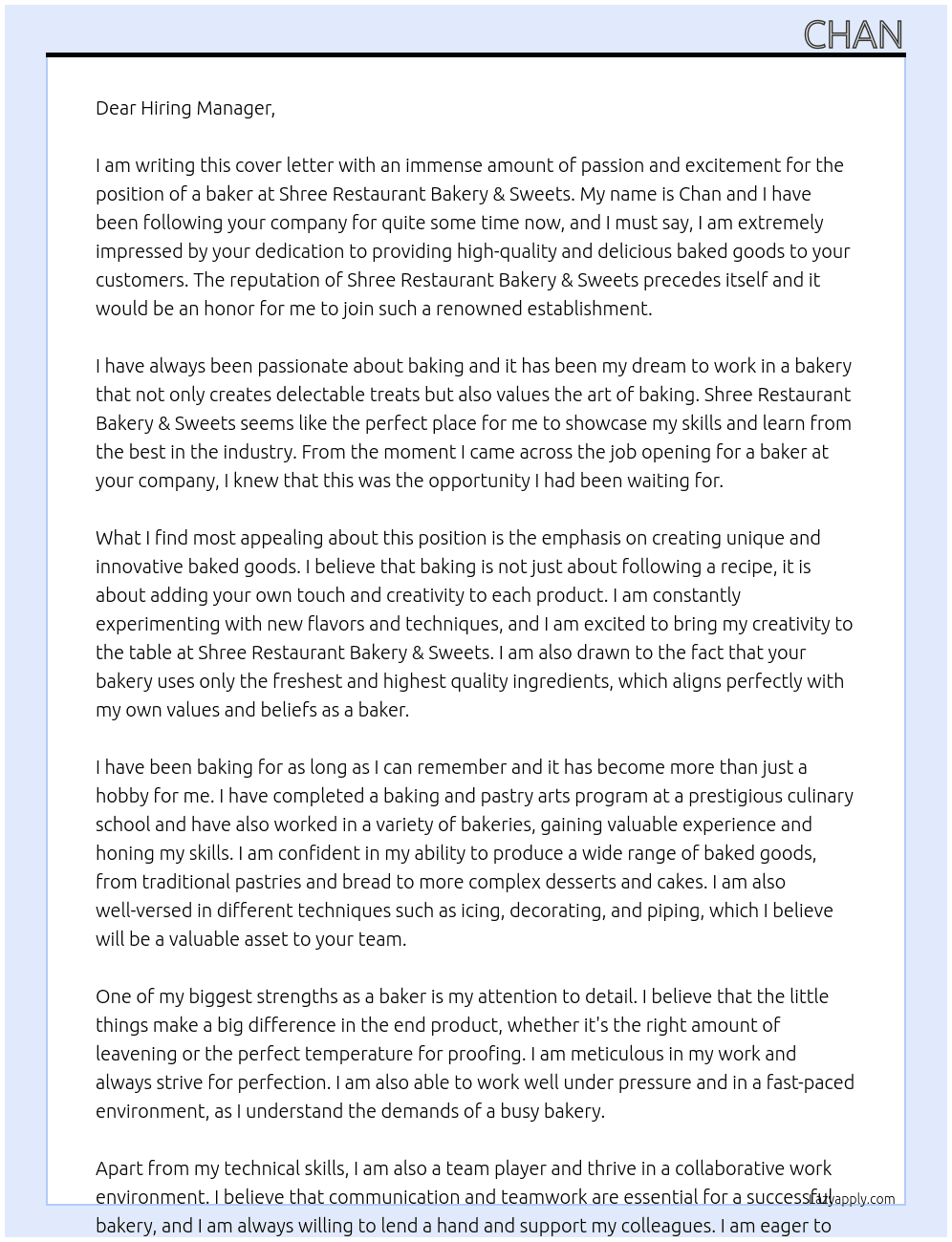 baker At Shree Restaurant Bakery & Sweets Cover Letter