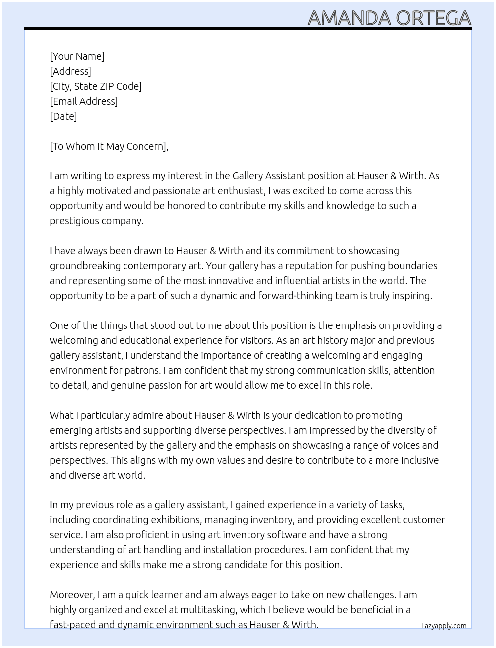 Gallery Assistant At hauser & wirth Cover Letter