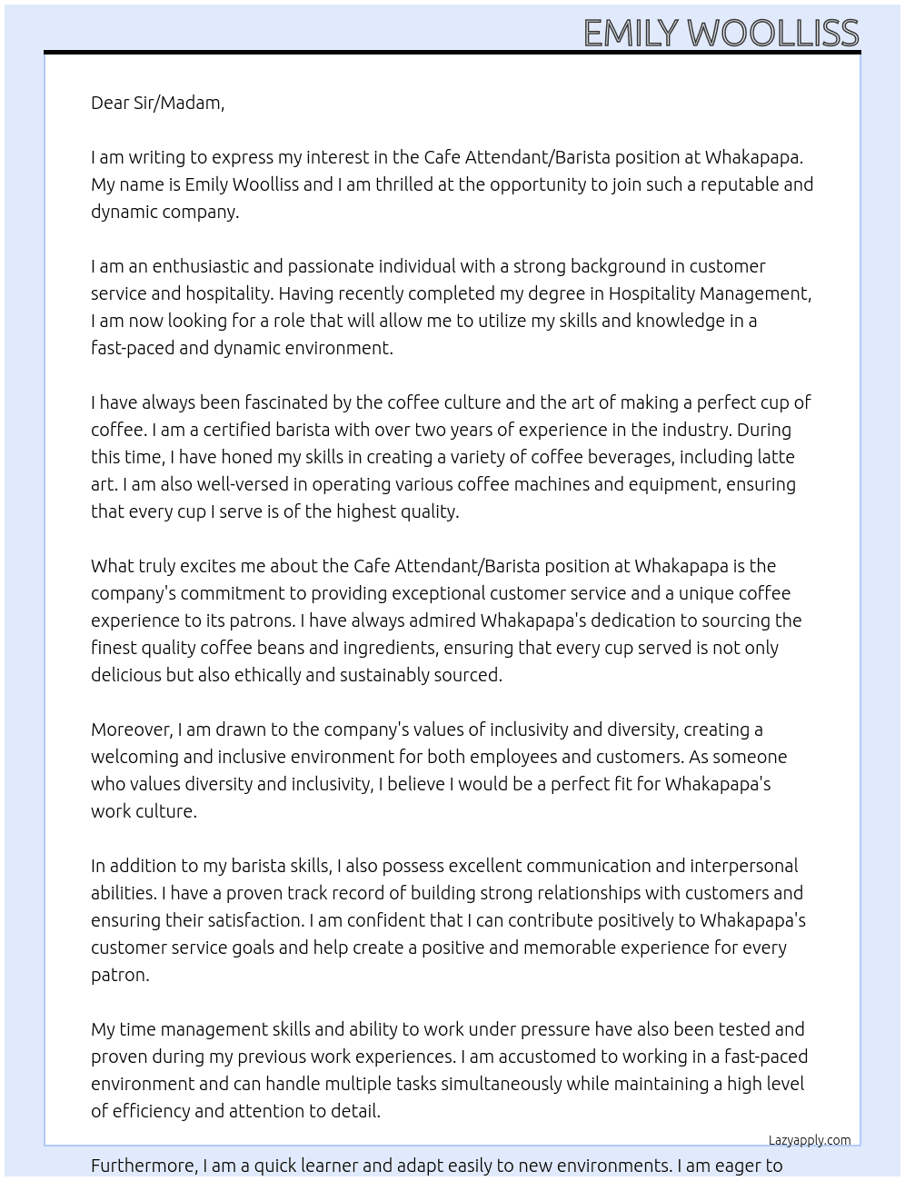 Cafe attendant/ barista At Whakapapa Cover Letter