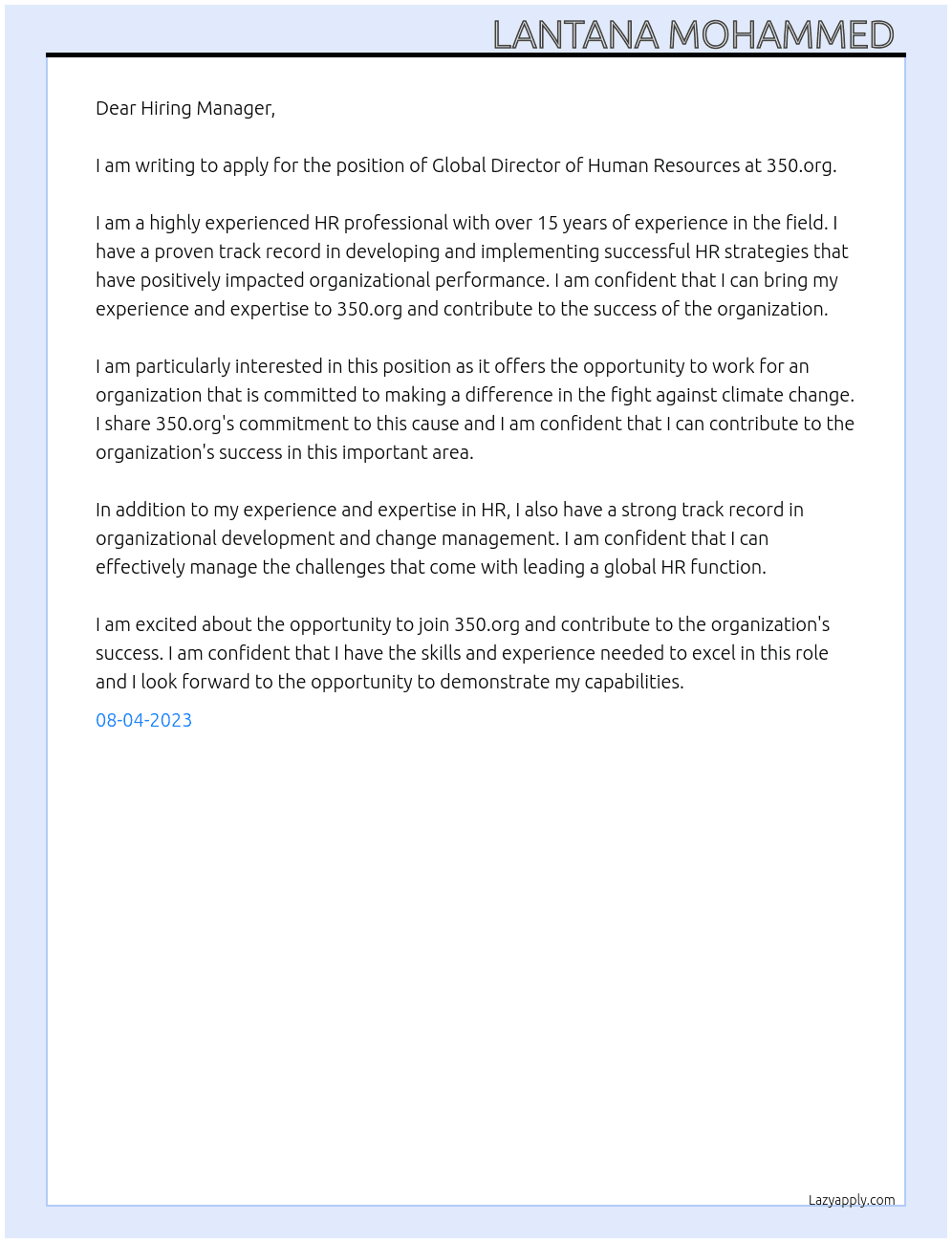 Global Director of Human Resources At 350.org Cover Letter