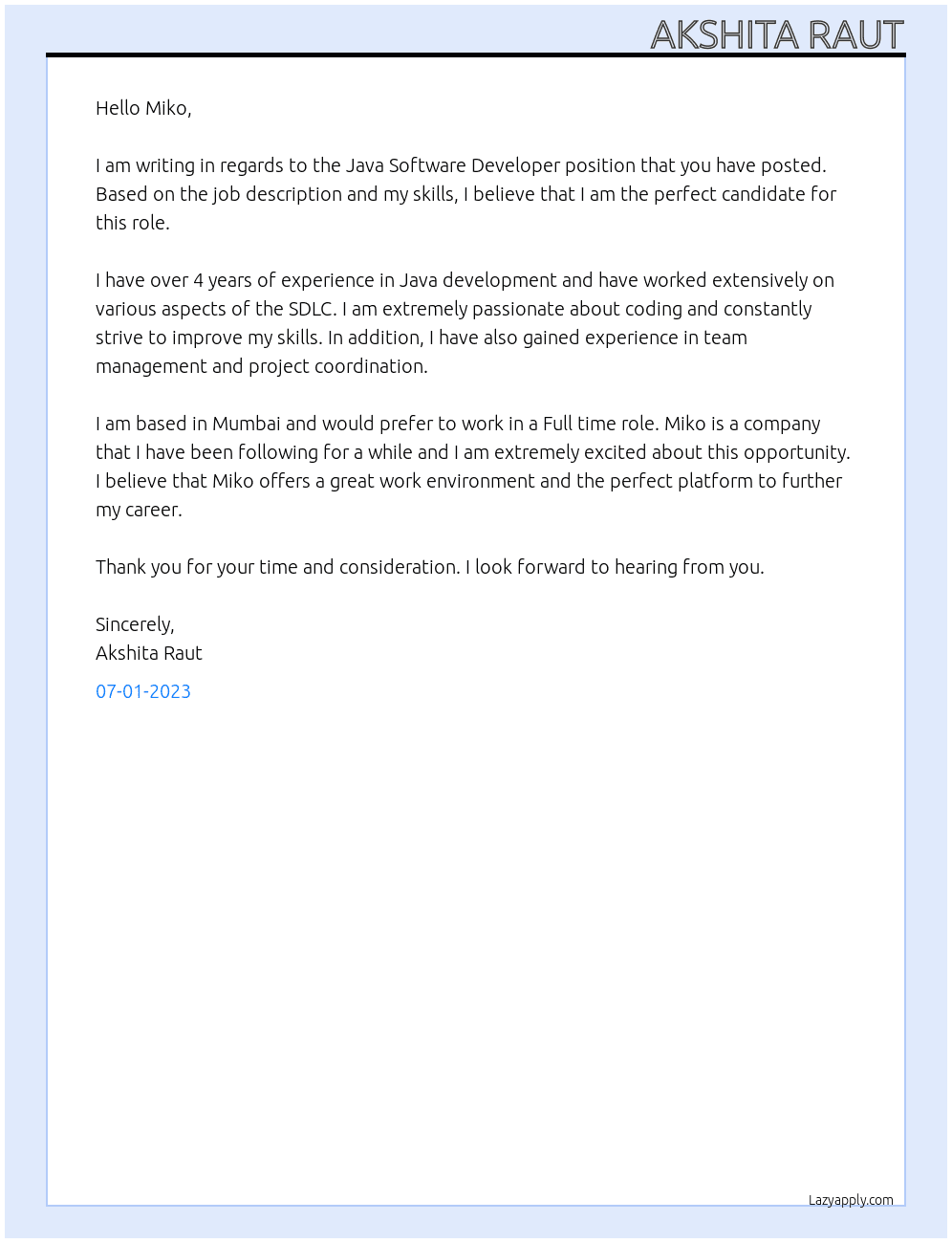 Java Software Developer At Miko Cover Letter
