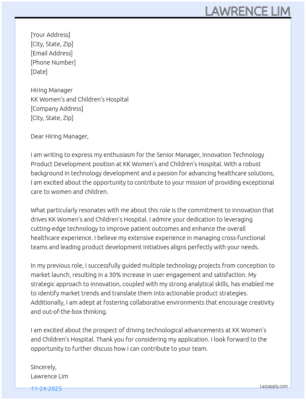 Cover letter for senior manager, innovation technology product development - LazyApply