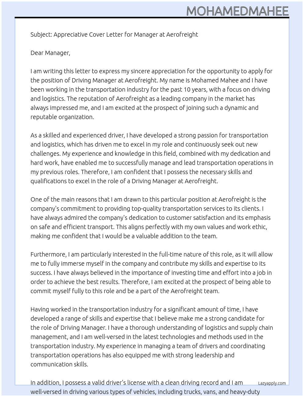 Driving At Aerofreight Cover Letter