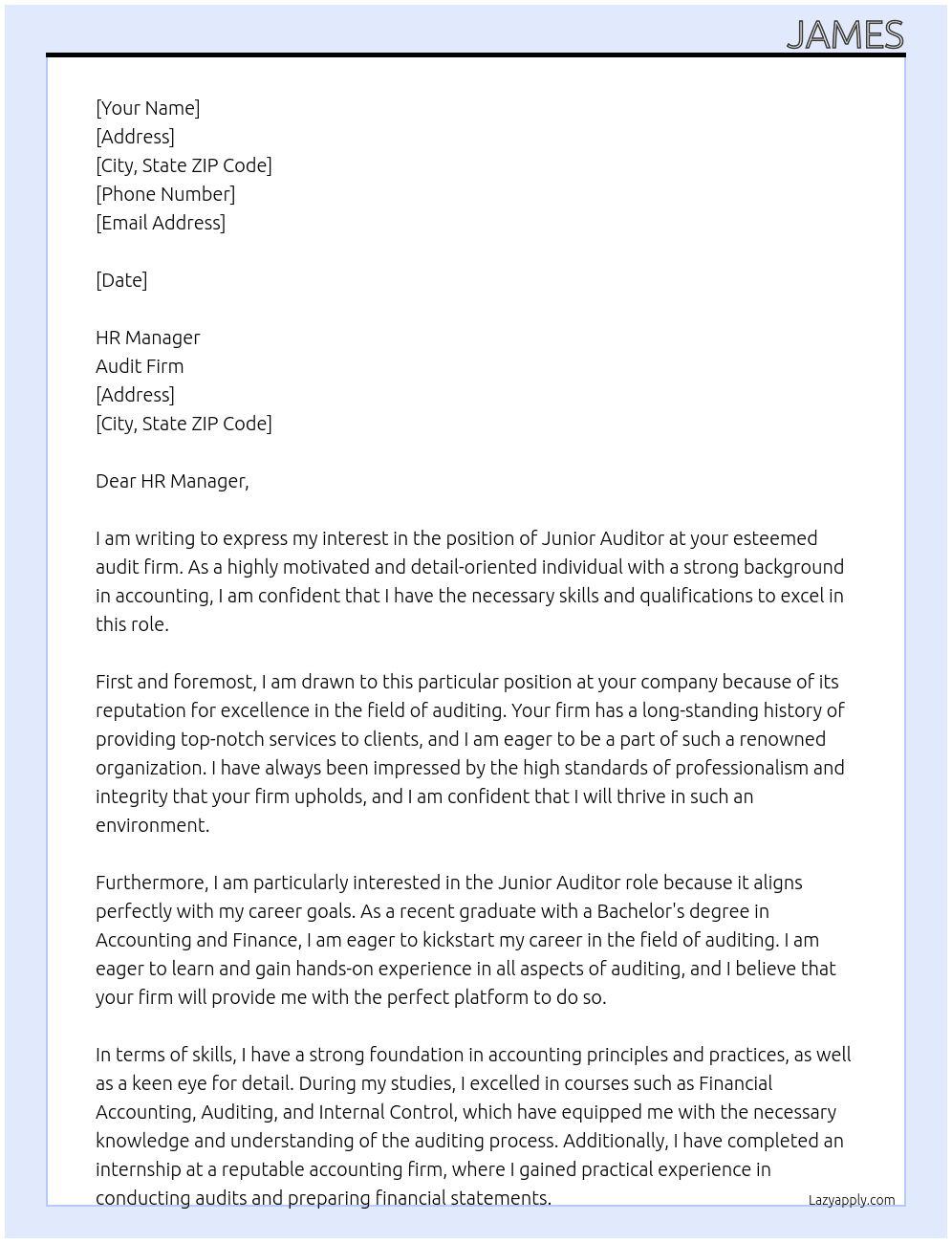 Junior auditor At Audit firm Cover Letter