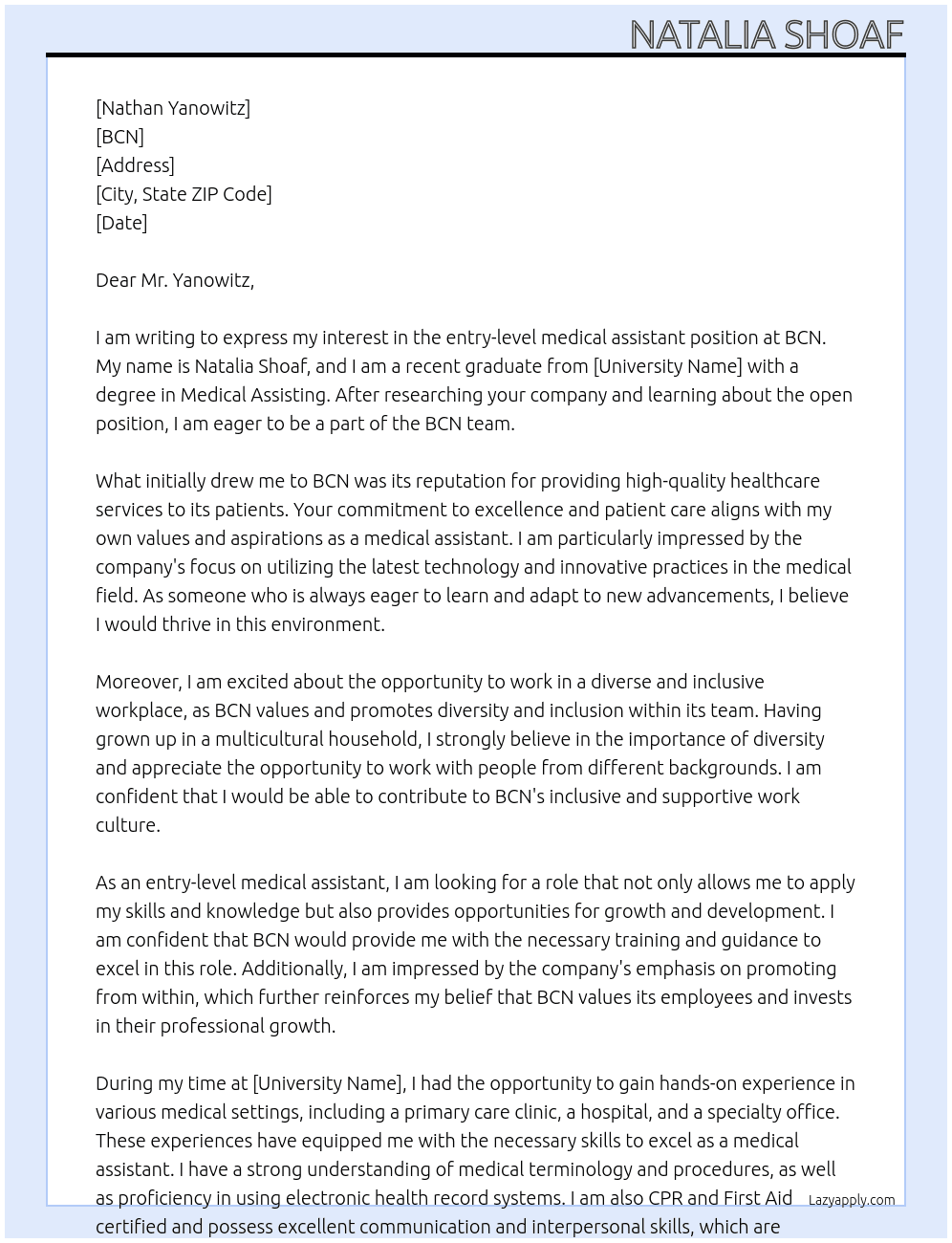 entry level medical assistant At BCN Cover Letter