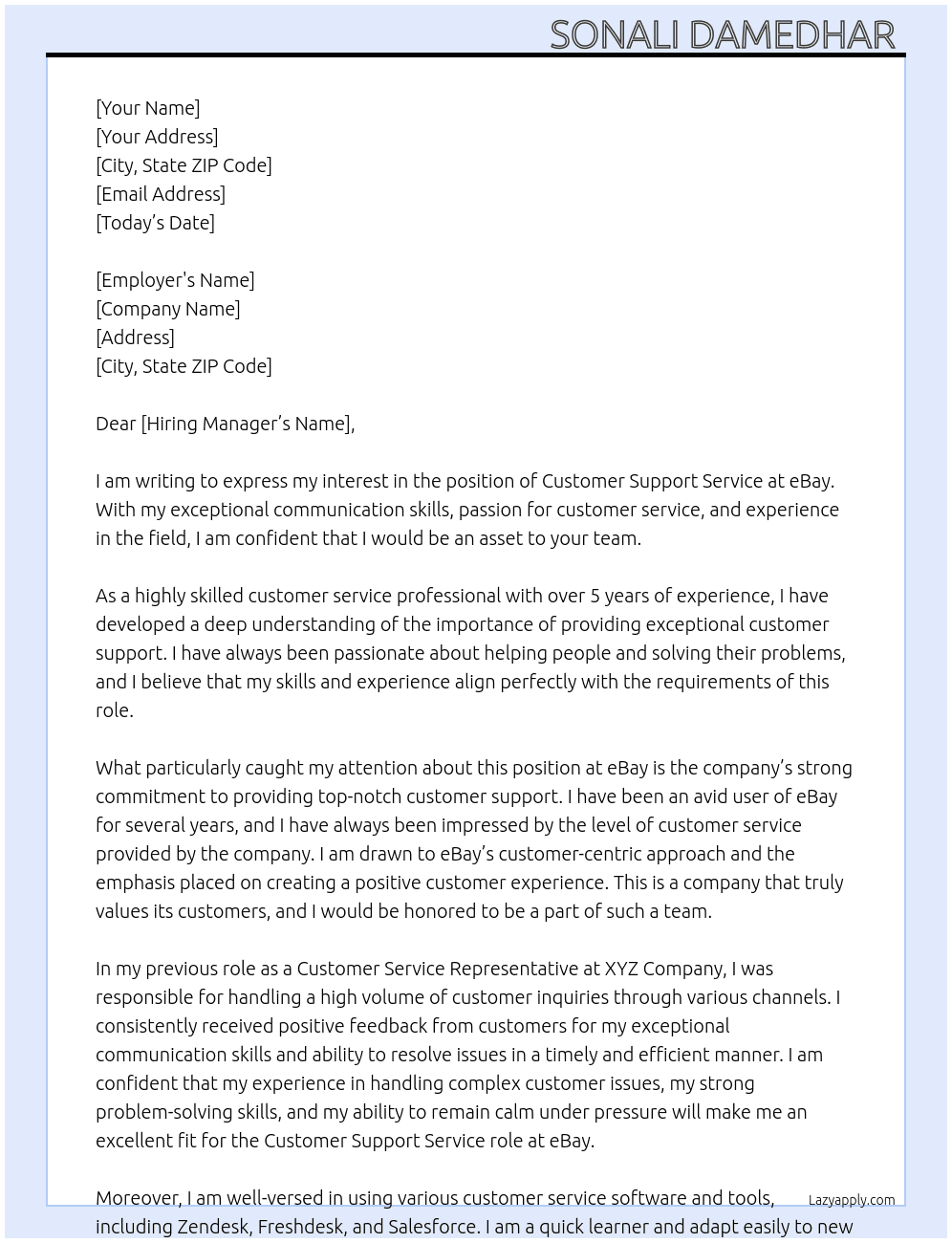 Cover letter for customer support service - LazyApply