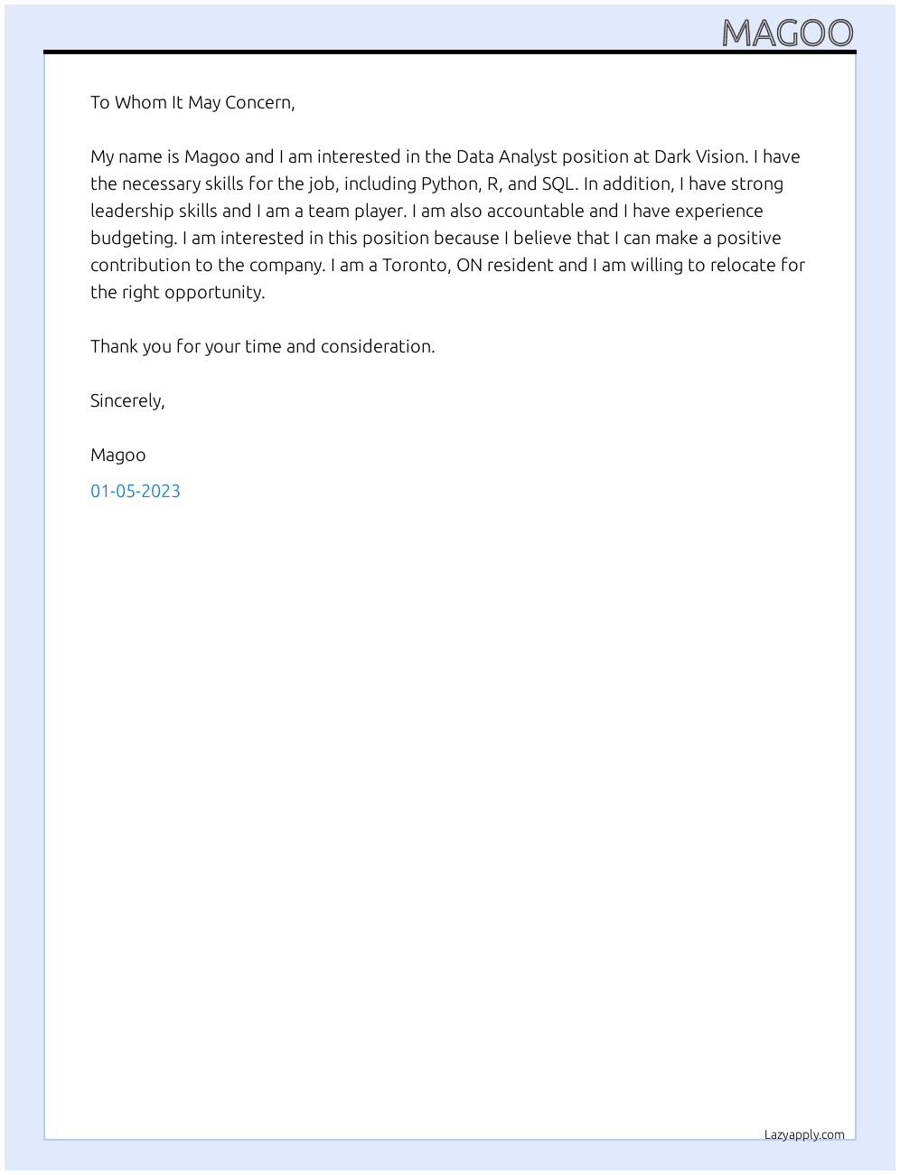 Data Analyst At Dark Vision Cover Letter