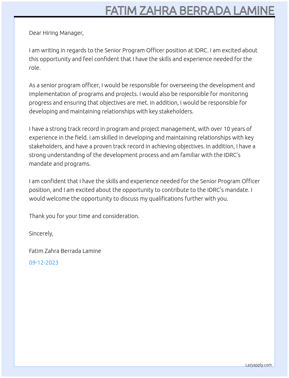 Senior Program officer At IDRC Cover Letter