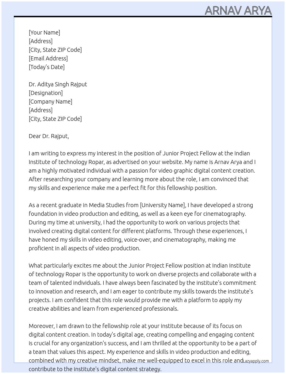 Junior Project fellow At Indian Institute of technology Ropar Cover Letter