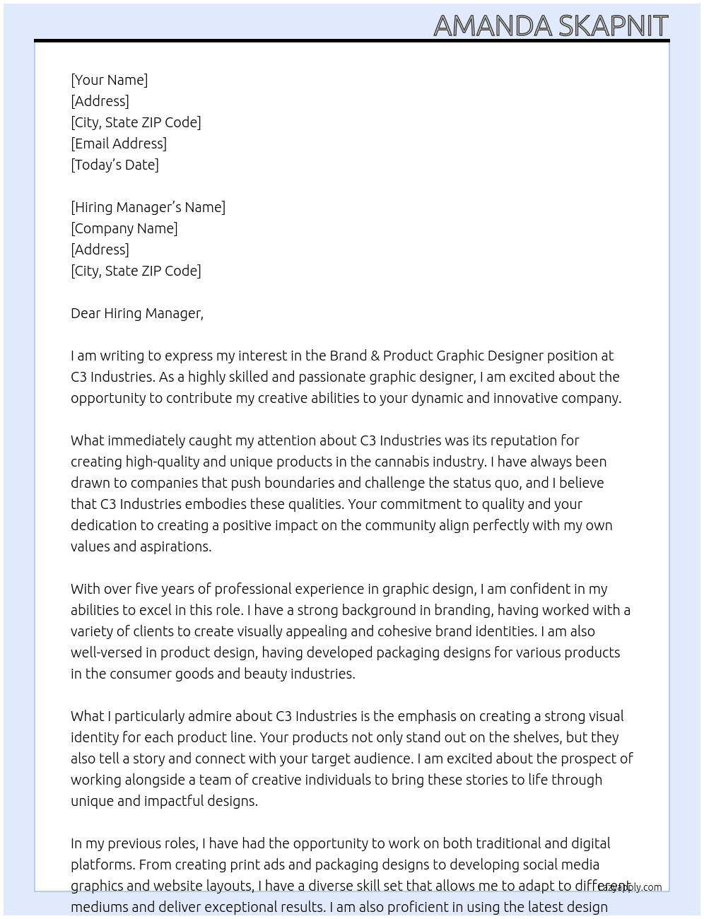 Brand & Product Graphic Designer At  C3 Industries Cover Letter